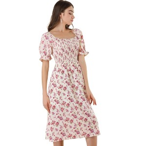 Allegra K Women's Square Neck Puff Sleeves Casual Midi Smocked Floral Dress - 1 of 4