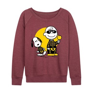 Women's - Peanuts - Charlie And Snoopy Skeleton Lightweight French Terry Wide Neck Long Sleeve Shirt - 1 of 4