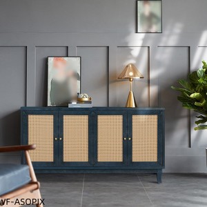 Modern Rattan Sideboard - 4 Woven Doors, Adjustable Shelves, Blue 60" Storage Cabinet - 1 of 4