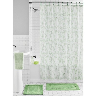 LunaLulinlk 15-Piece Green Leaves Print Polyester Shower Curtain Set
