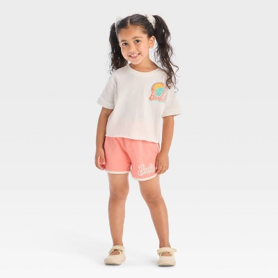 Toddler Girls' 2pc Barbie Surf Short Sleeve T-Shirt and Shorts Set - White/Pink
