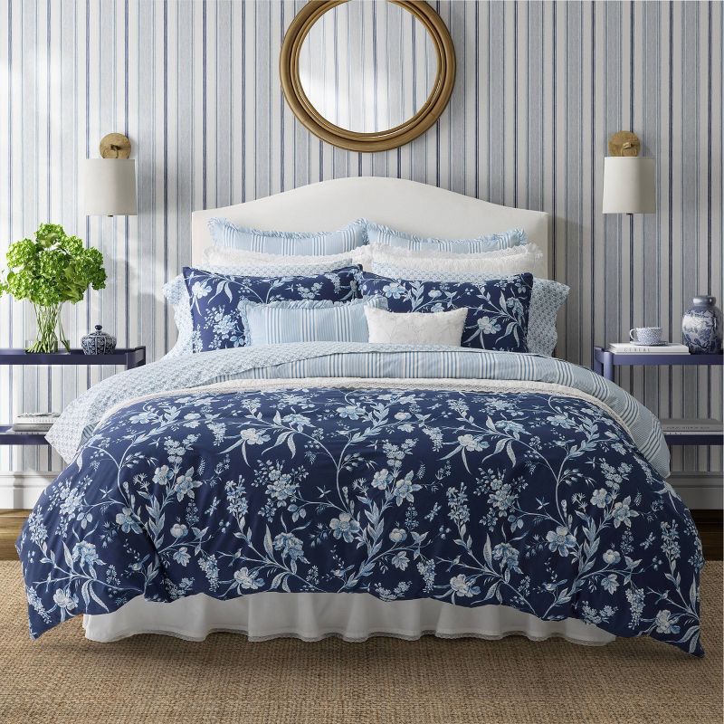 Laura Ashley 7pc King Branch Toile 100% Cotton Comforter Sham Bonus Set Blue, 2 of 12
