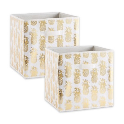 Design Imports Nonwoven Polyester Cube Pineapple White/Gold Square 13X13X13 Set/2