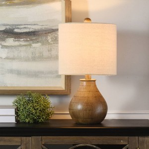 Table Lamp Brown Finish White Hardback Fabric Shade - StyleCraft: No Assembly, Polyresin Body, Drum Shade - 1 of 4