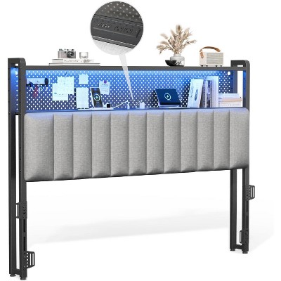 VINGLI eadboard, Adjustable Upholstered Headboard with 2 Tier Shelves and Pegboard with Charging Stations and LED Lights