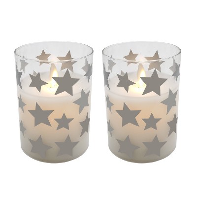 2ct Battery Operated Glass LED Candles with Moving Flame Silver Stars