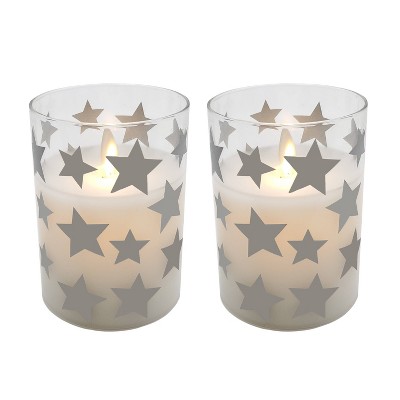 2ct LED Wax Candles Filled in Glass Holders With 2 Timers "Gold Stars" Candle - LumaBase