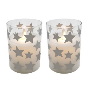 2ct Battery Operated Glass LED Candles with Moving Flame Silver Stars: Flameless Pillar, Winter Decor, Lumabase - 1 of 4