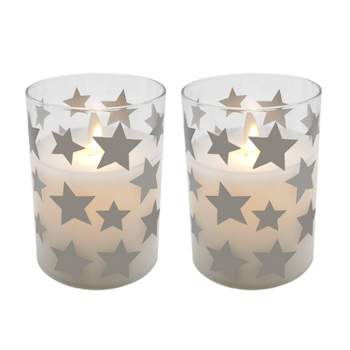 2ct Battery Operated Glass LED Candles with Moving Flame Silver Stars