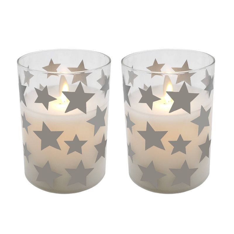 2ct Battery Operated Glass LED Candles with Moving Flame Silver Stars, 1 of 7