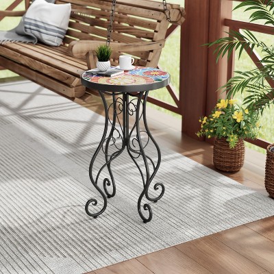 Colorful Ceramic Tile Floral Design Outdoor Accent Table with Black Iron Frame