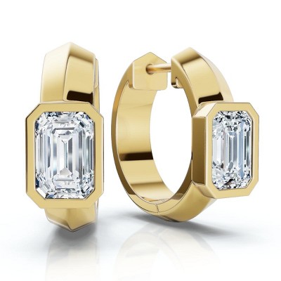 Pompeii3 1 1/3Ct Emerald Cut Brava Bezel Diamond Hoops 5/8" Huggies 14k Gold Lab Created