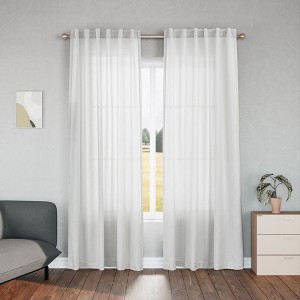 Faux Linen Texture Light Filtering Back Tab Curtains, Semi Sheer Farmhouse Window Curtains (2 Panels) - 1 of 4