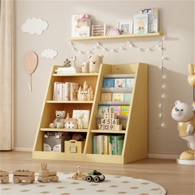 YONWAY Wooden Toy Storage Organizer Cabinet, Natural Wood Kids Bookshelf, Toddler Baby Sling Book Rack Shelf for Playroom Bedroom Nursery