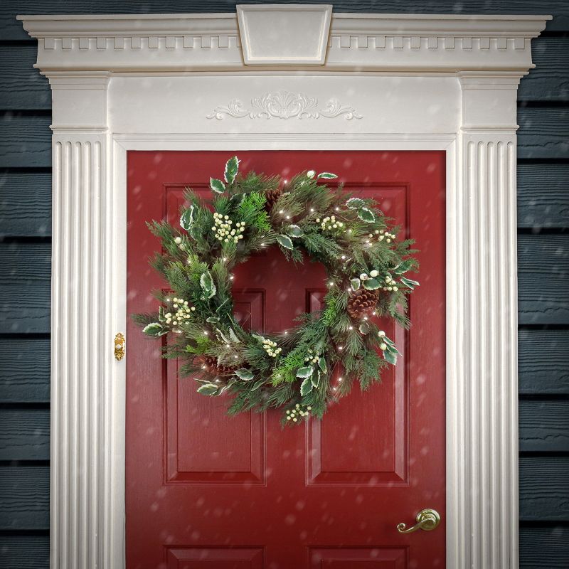 28" Prelit Mixed Branch Christmas Wreath with Pinecones, Holly and Berries Warm White Lights HGTV Home Collection - National Tree Company, 2 of 4