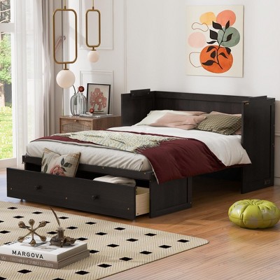 TIRAMISUBEST Full/Queen Size Murphy Bed Wall Bed with USB Port and a Large Storage Drawer, Wooden Murphy Cabinet Bed, Space Saving Design