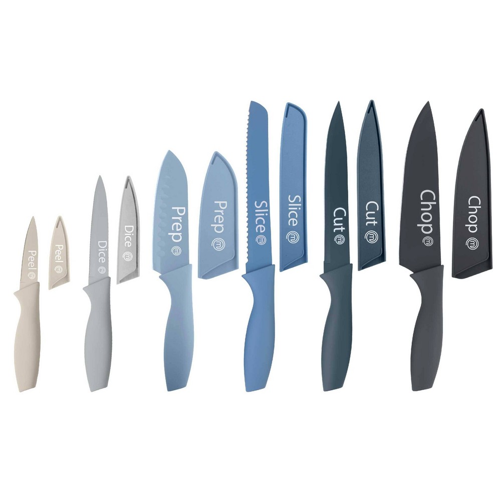 MasterChef 12pc Knife Set with Covers Sharp Nonstick Coated Kitchen Knives Nordic Blues Collection