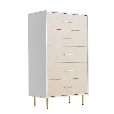 5 Drawer Dresser, Tall Narrow Chest of Drawers, Wooden Skinny Dresser with Gold Metal Handles and Legs