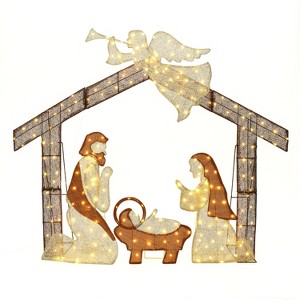 LuxenHome 5.7Ft x 4.75Ft Nativity Scene with Angel Outdoor Holiday Decoration with Lights Brown, Beige - 1 of 4