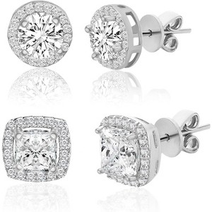 925 Sterling Silver Cushion & Round Shaped Cubic Zirconia Halo Stud Earrings for Women 2 Pair Earring Set - 1 of 4