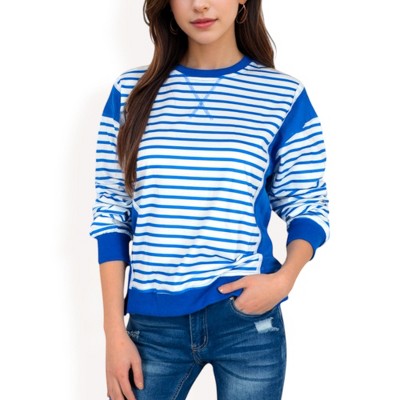 Anna-Kaci Women's Striped Crew Neck Sweatshirt with Contrast Sleeves