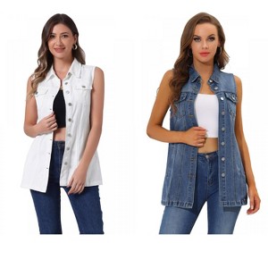 INSPIRE CHIC Women's Sleeveless Casual Button-Down Side Pockets Long Jean Vests 2 Packs - 1 of 4