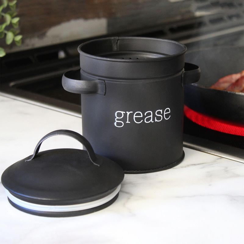 AuldHome Design Grease Container, Enamelware Bacon Grease Can w/ Strainer, Farmhouse Style, Keto-Friendly, 2 of 9
