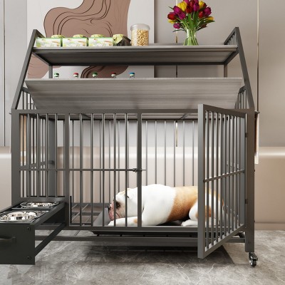 LAOTIES Large Rolling Pet Cage with Feeding Drawer And Storage Rack,Indoor Crate with Stainless Steel Bowls
