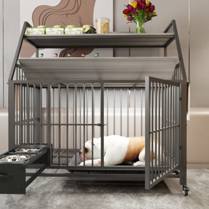 LAOTIES Large Rolling Pet Cage with Feeding Drawer And Storage Rack,Indoor Crate with Stainless Steel Bowls - 1 of 4