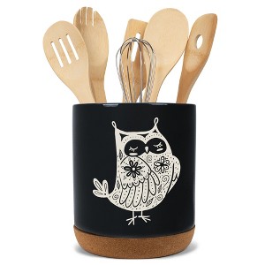 Elanze Designs Kitchen Utensil Holder With Non Slip Cork Base Large 8 Inch Ceramic Storage Crock Forest Animal Countertop Organizer Floral Owl Black - 1 of 4