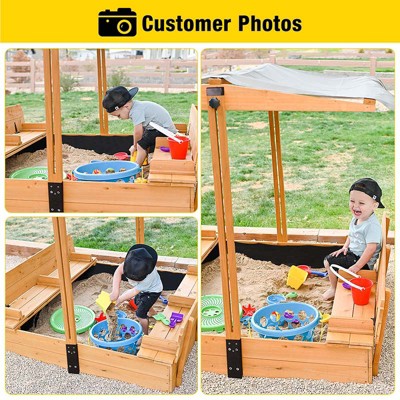 Natural Wood Kids' Sandbox with Cover and Bench