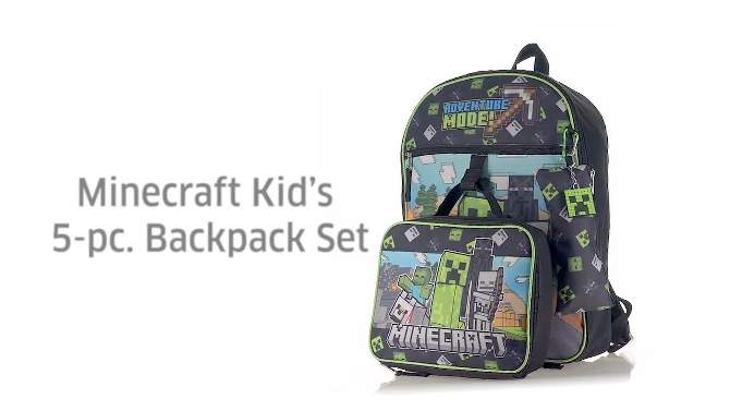 Minecraft 5-Piece Set: 16" Backpack, Lunchbox, Utility Case, Rubber Keychain, and Carabiner, 2 of 8, play video