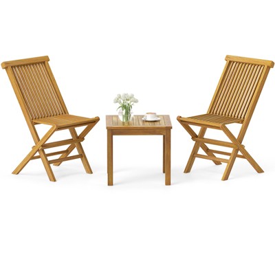 Tangkula 3 Piece Teak Wood Bistro Set w/ 2 Folding Chairs & Square Side Table Natural