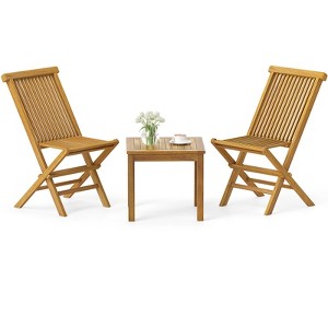 Tangkula 3 Piece Teak Wood Bistro Set w/ 2 Folding Chairs & Square Side Table Natural - 1 of 3