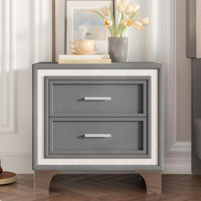 INFURNIC Nightstands Mid Century Vintage Velvet Nightstand with Silver Glitter Strip and Metal Legs for Bedroom, Grey, 21.8"*15.9"*21.7"