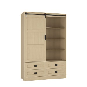 Maliang Tall Bedroom Armoire, Wardrobe Closet, Clothing Storage Cabinet with Hanging Rod, Barn Door, Drawers, Open Shelves - 1 of 4