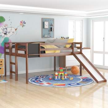 Full Size Wooden Loft Bed with Slide, Stair and Chalkboard - ModernLuxe