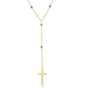 Bella Silver Sterling Silver Garnet & Plain Beads by the Yard Cross Rosary Necklace - Gold Plated - Red - 16+2 Inch - 1 of 2