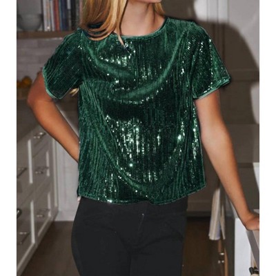 Women's Holiday Sequin Velvet Short Sleeve Basic Top - Oddi