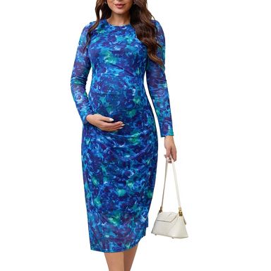 Inspire Chic Maternity Dress Wedding Guest Mesh Floral Ruched Bodycon Long Sleeve Pregnancy Dresses Cocktail Fall Large Blue