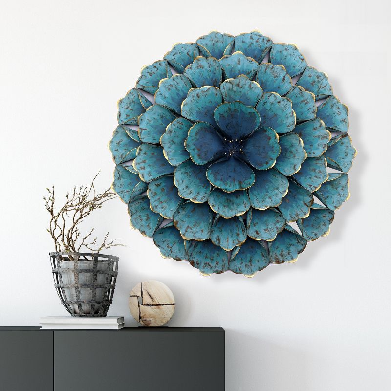 LuxenHome 23.5" Round Teal Blue Flower Metal Wall Decor Art, 1 of 14