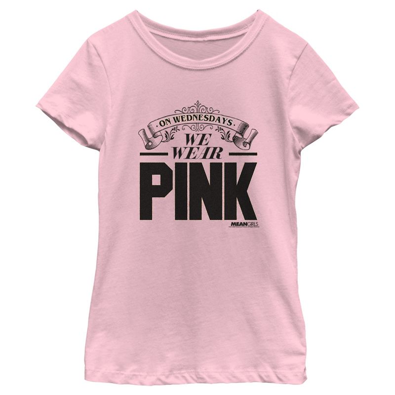 Girl's Mean Girls On Wednesdays We Wear Pink Banner T-Shirt, 1 of 5