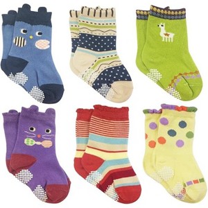 Wrapables Peek A Boo Animal Non-Skid Toddler Socks (Set of 6), Cat and Owl, Large - 1 of 4
