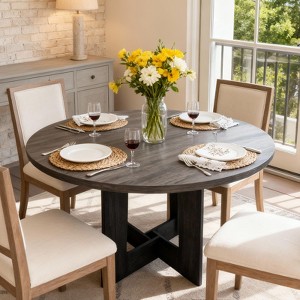 43.3" Round Farmhouse Dining Table for 4 - Wooden Circle Dinner Table with Cross Base, Perfect for Kitchen, Dining Room, Living Room(Only Table) - 1 of 4