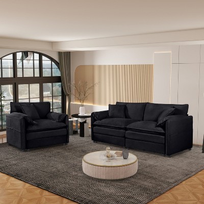 DOMETOUR Deep Seat Luxury 2 Piece Loveseat Couch & Sofa Armchair Set, Modern Upholstered Chenille Cloud Couches Set Furniture with 3 Pillow