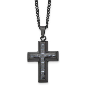 Black Bow Jewelry Black Plated Stainless Steel Blue Carbon Fiber Cross Necklace, 24 Inch - 1 of 4