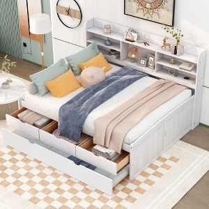 PAGED Twin Size Platform Bed Modern Wooden Bed Frame with Trundle, Open Shelves and Storage Drawers for Bedroom - 1 of 4