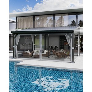 12'x16' Hardtop Gazebo with Netting & Curtains - Wall-Mounted Aluminum Pergola, Galvanized Steel Roof, Gutters - Weatherproof for Patio, Deck - 1 of 4
