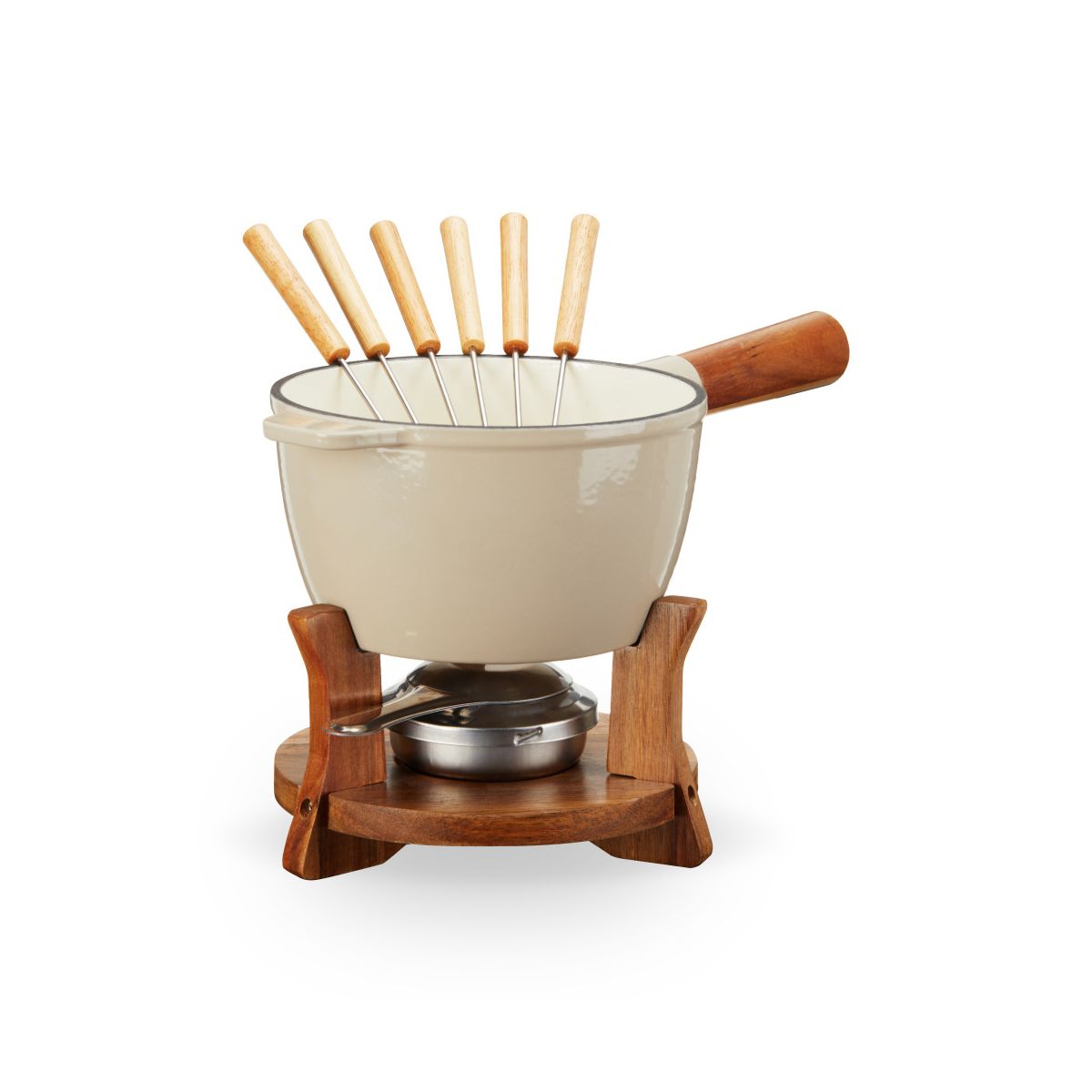 Twine Cast Iron Fondue Set with Wood Stand and Forks, Chocolate Melting Pot, Cheese Fondue Kit Set, Housewarming Gifts, Wedding Gifts, 8.5", Beige