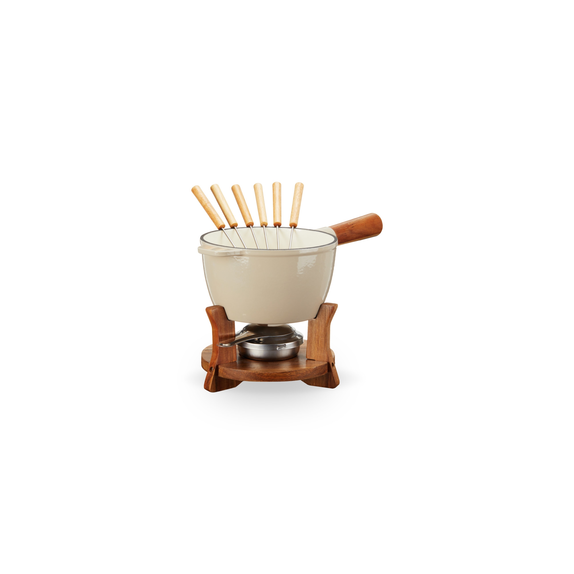 Twine Cast Iron Fondue Set with Wood Stand and Forks, Chocolate Melting Pot, Cheese Fondue Kit Set, Housewarming Gifts, Wedding Gifts, 8.5", Beige